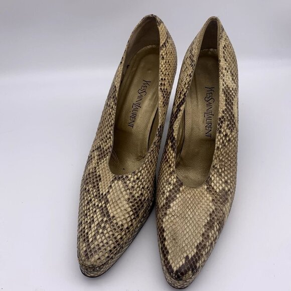 YSL Saint Laurent Beige/Black Python Leather Platform Pumps Block Heel 8 M - Picture 5 of 10